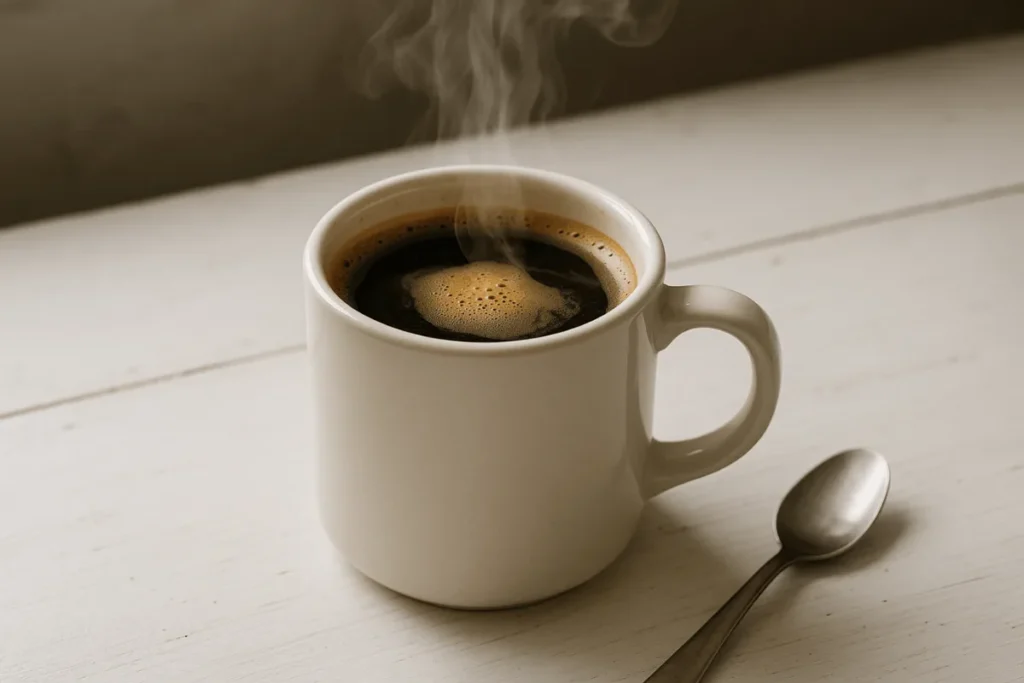 A steaming hot Americano coffee with rich crema in a ceramic mug, highlighting the traditional espresso and hot water recipe.