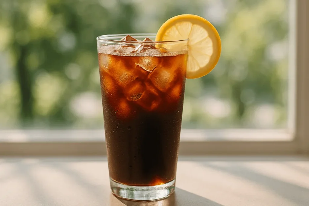 A refreshing iced Americano served with lemon garnish, showcasing a citrus twist that adds brightness to this coffee drink.