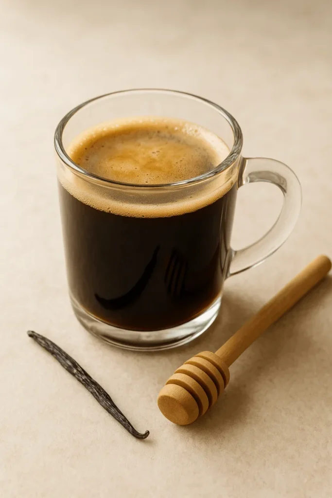 A honey vanilla Americano coffee served in a glass mug with honey and vanilla accents, perfect for a sweet and comforting twist.