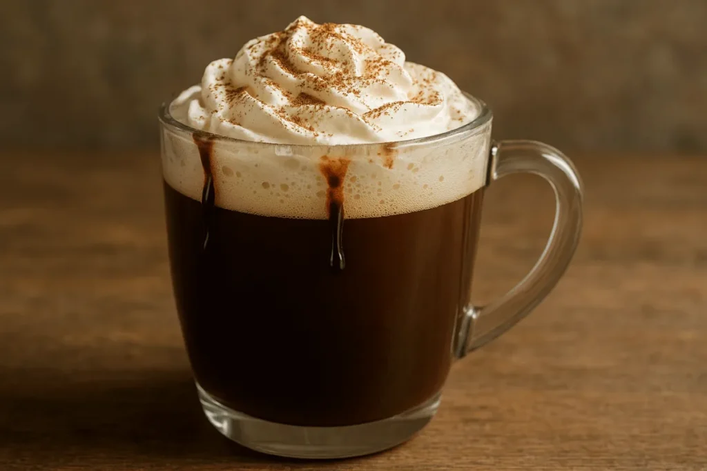A mocha Americano topped with whipped cream and cocoa, combining coffee and chocolate flavors in a rich, indulgent drink.
