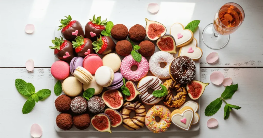 Overhead view of a romantic dessert charcuterie board filled with chocolate-covered strawberries, macarons, truffles, and fresh fruits on a rustic wooden table.