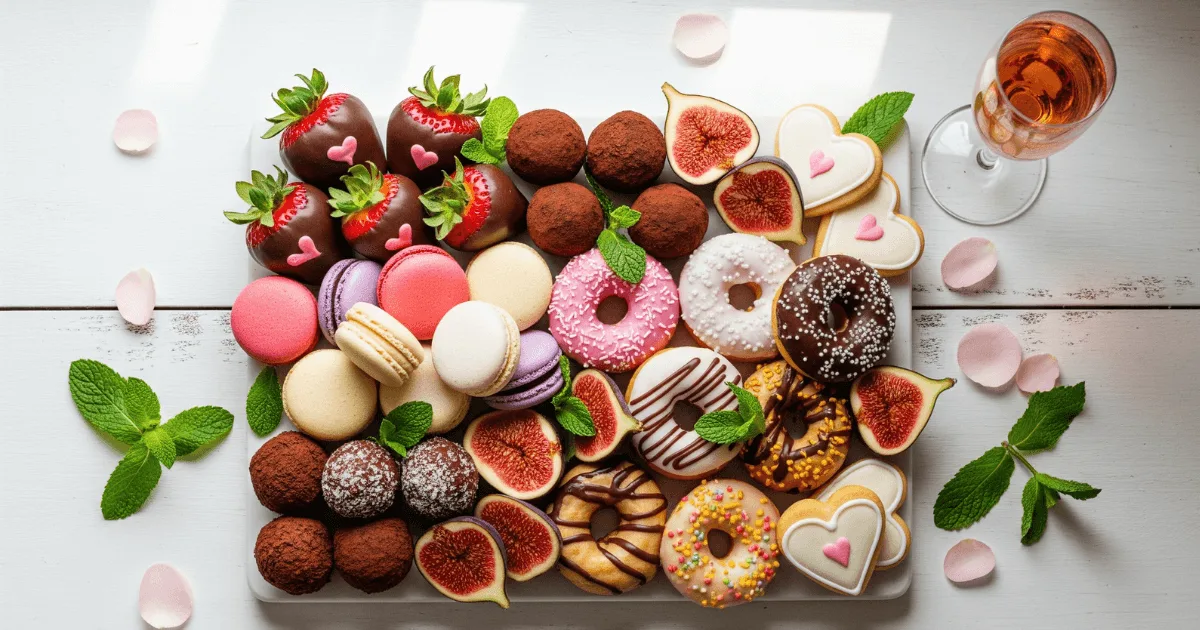 Overhead view of a romantic dessert charcuterie board filled with chocolate-covered strawberries, macarons, truffles, and fresh fruits on a rustic wooden table.