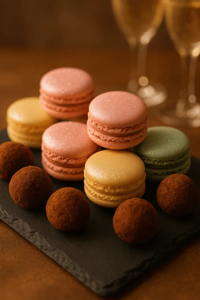 A selection of glitter-brushed French macarons and rich chocolate truffles arranged elegantly on a dessert board.