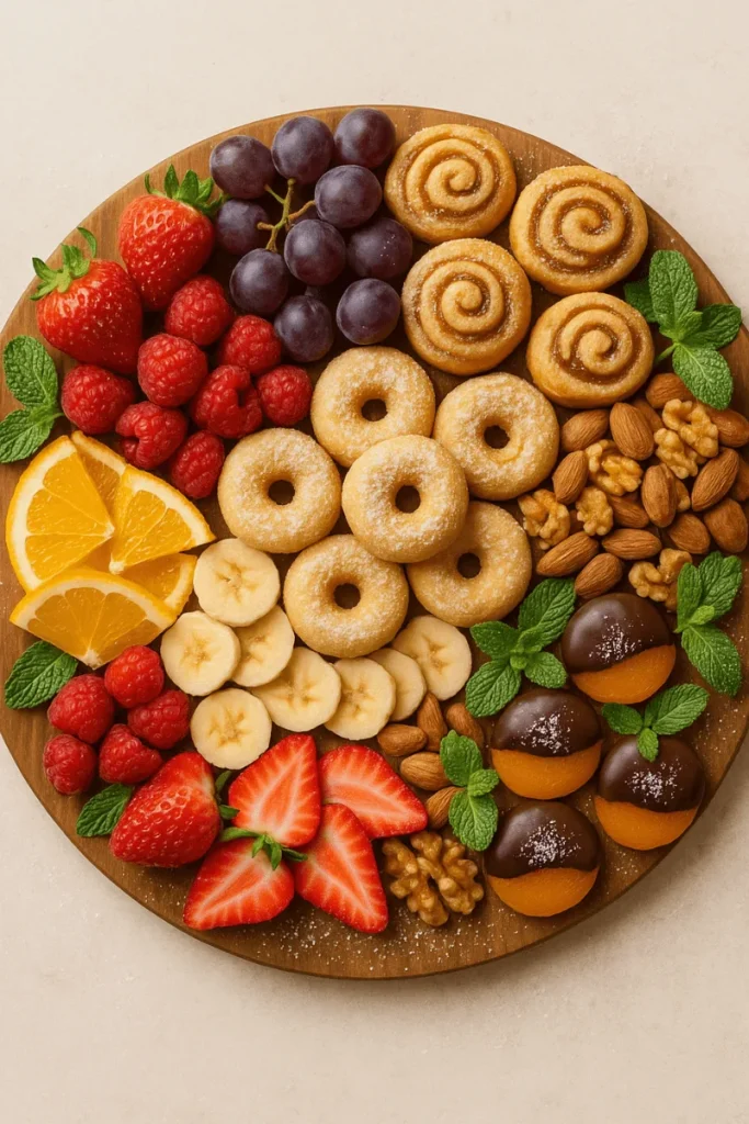 An overhead shot of a dessert charcuterie board featuring fruits, nuts, cinnamon rolls, mini donuts, and chocolate-dipped apricots.