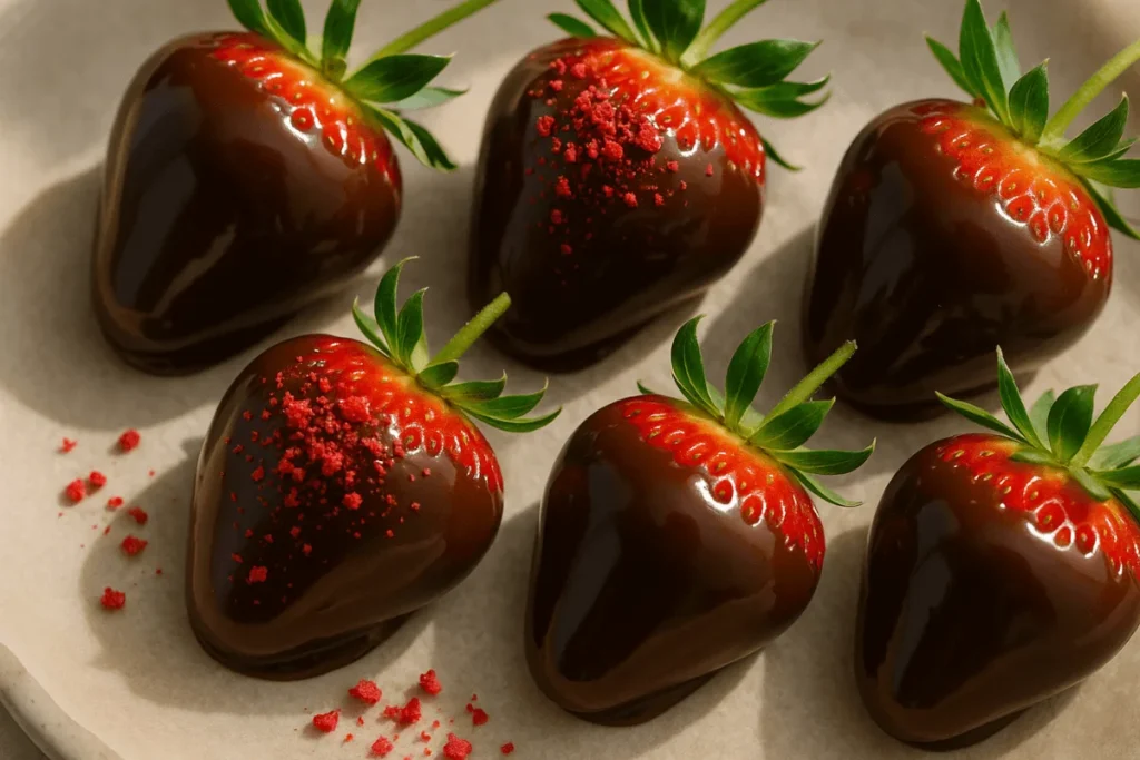 Fresh strawberries dipped in shiny dark chocolate and topped with freeze-dried raspberry crumbs, perfect for a romantic dessert board.