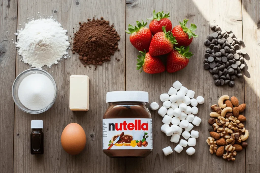 Ingredients for making a chocolate dessert pizza, including flour, cocoa powder, butter, sugar, egg, Nutella, strawberries, marshmallows, and chocolate chips.