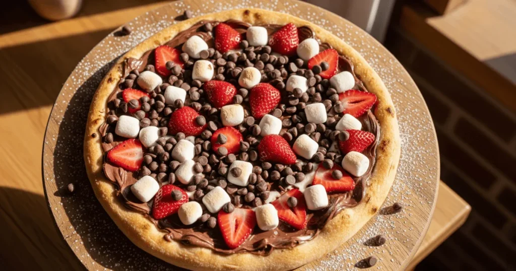 A freshly baked chocolate dessert pizza with Nutella, strawberries, marshmallows, and chocolate chips served on a wooden board.
