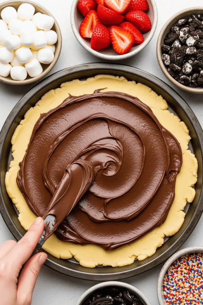 Spreading Nutella over a chocolate cookie crust with bowls of toppings like strawberries, marshmallows, and Oreos nearby.