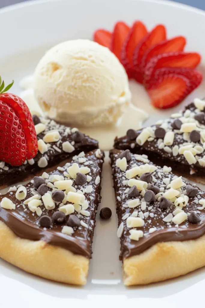 Slices of chocolate dessert pizza served with vanilla ice cream and strawberries on a plate.