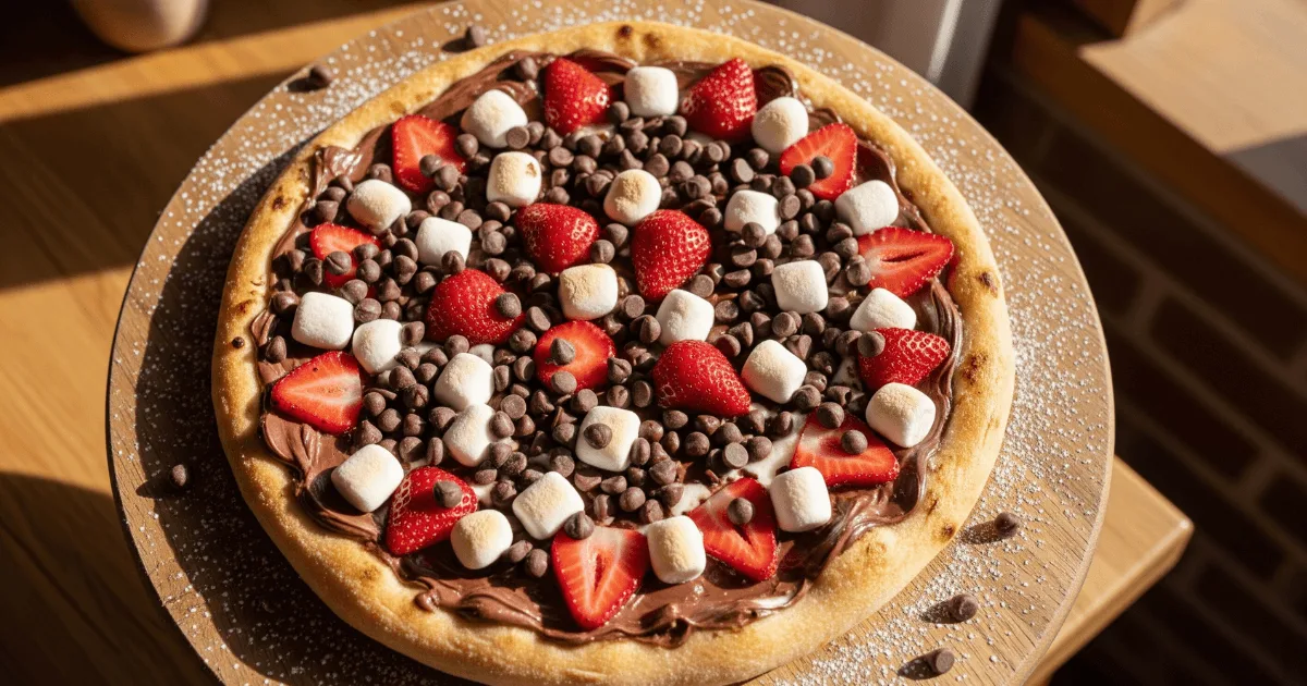 A freshly baked chocolate dessert pizza with Nutella, strawberries, marshmallows, and chocolate chips served on a wooden board.