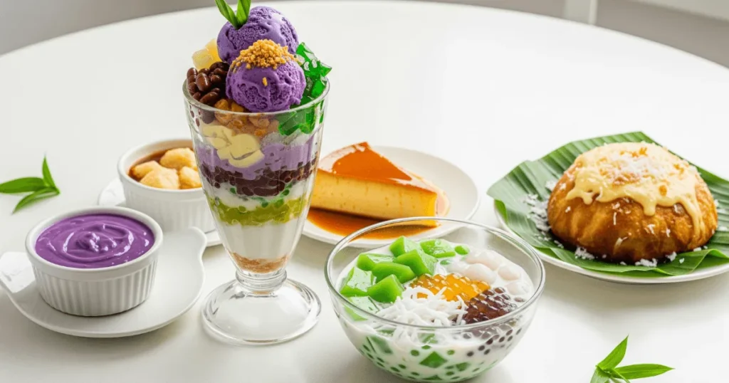 A clean, modern spread of traditional Filipino desserts including halo-halo, ube halaya, leche flan, bibingka, and buko pandan on a white table.