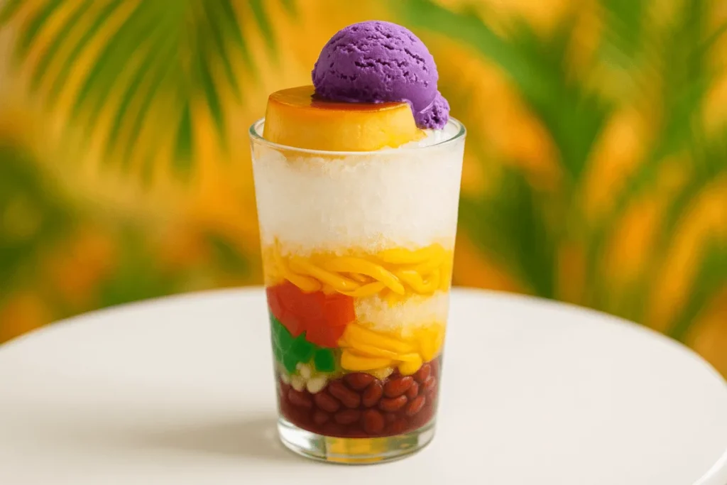 A tall glass of halo-halo, a colorful Filipino shaved ice dessert topped with ube ice cream and leche flan, on a white table.