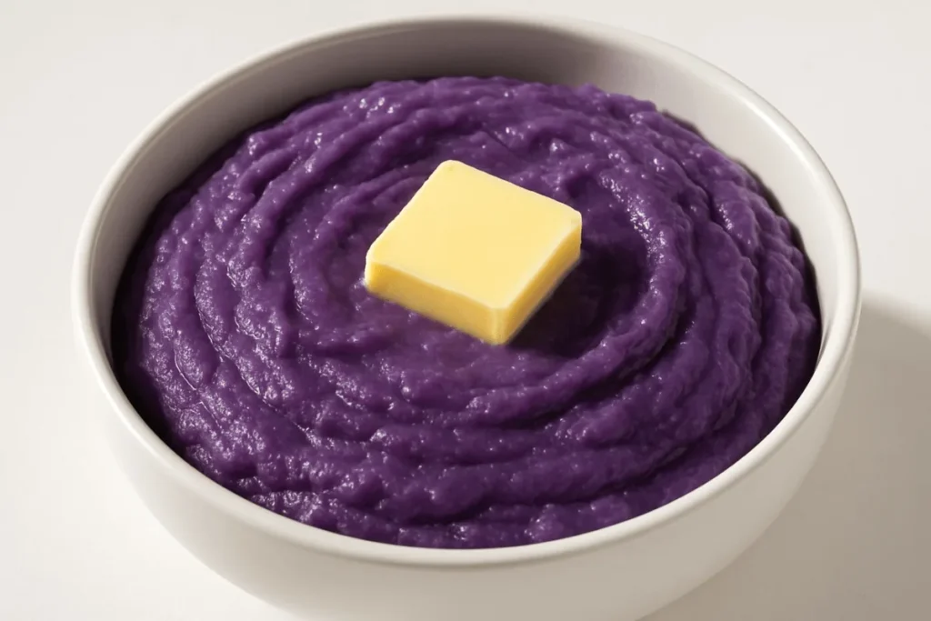 bowl of ube halaya, a creamy Filipino purple yam dessert topped with butter, on a white table.