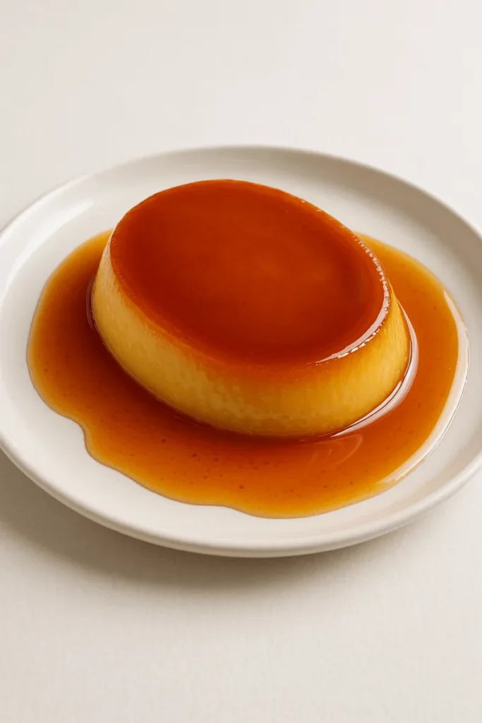 A glossy Filipino leche flan with caramel sauce, served on a white plate on a white table.