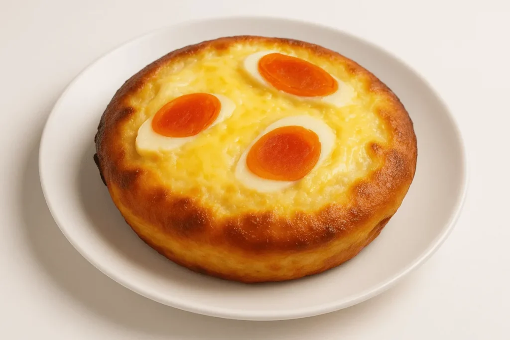 A Filipino bibingka rice cake topped with cheese and salted egg, served on a white table.