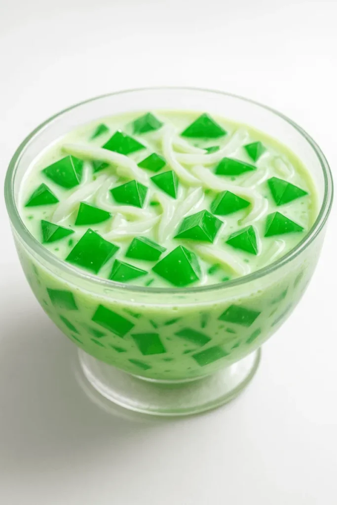 A creamy Filipino buko pandan dessert with coconut strips and green pandan jelly, served in a glass bowl on a white table.