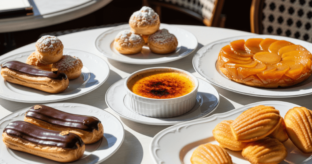 A selection of classic French desserts—crème brûlée, tarte Tatin, éclairs, profiteroles, and madeleines—served on a rustic table for a cozy Parisian café-style presentation.