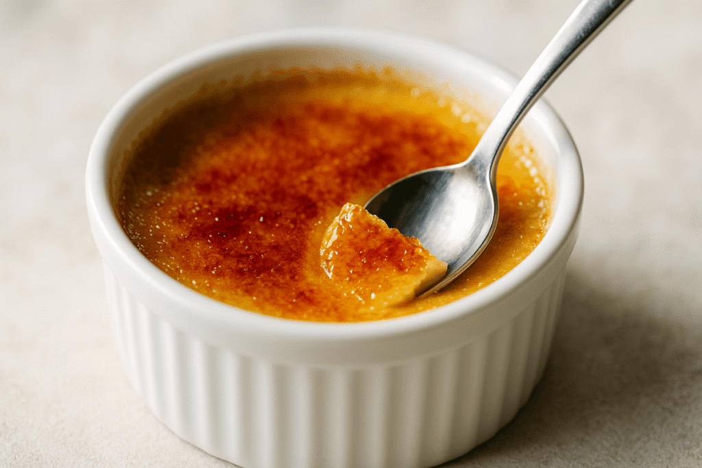 Classic crème brûlée in a ramekin with a golden caramelized sugar crust being cracked open with a spoon.