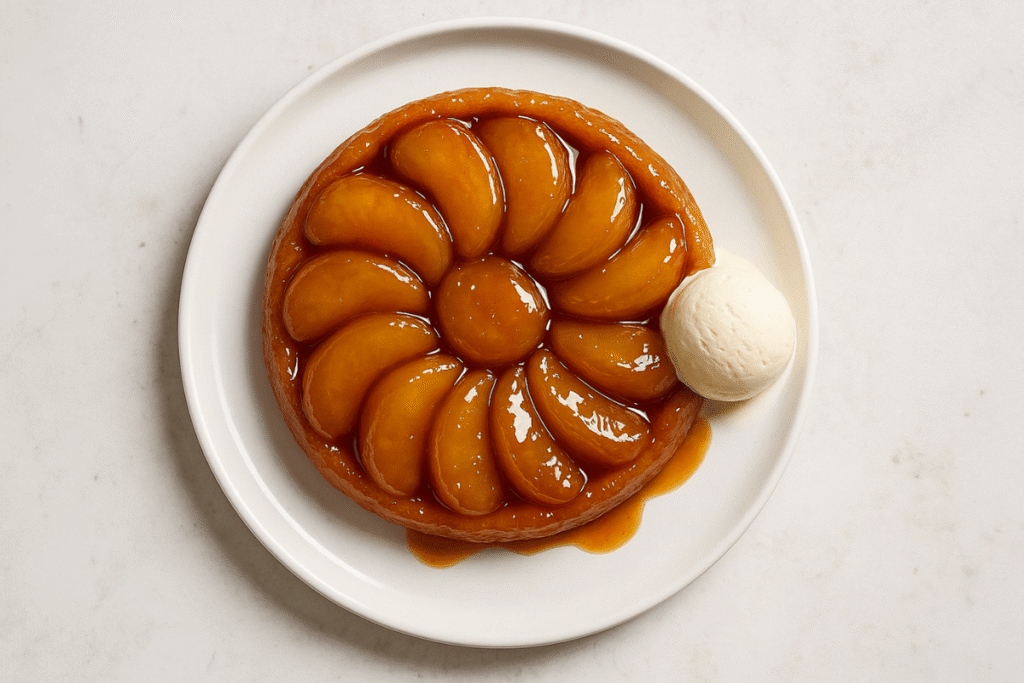 A freshly baked tarte Tatin with golden caramelized apples, served upside-down with ice cream.