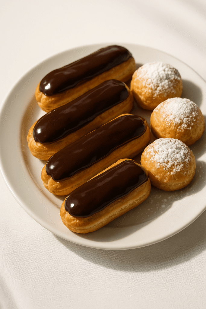 A tray of éclairs topped with chocolate glaze and profiteroles dusted with powdered sugar, filled with cream.