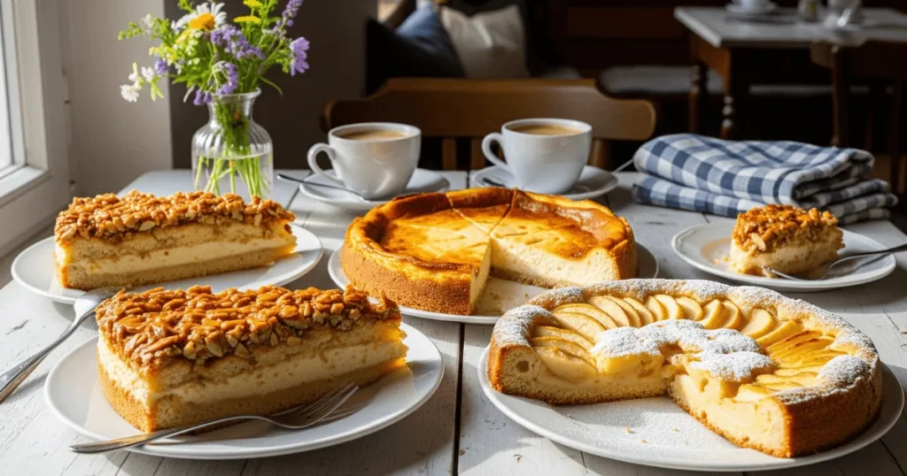 A cozy German café table featuring three classic cakes—Bienenstich with almond topping, Käsekuchen with golden crust, and Apfelkuchen with sunken apple slices, styled in natural daylight.