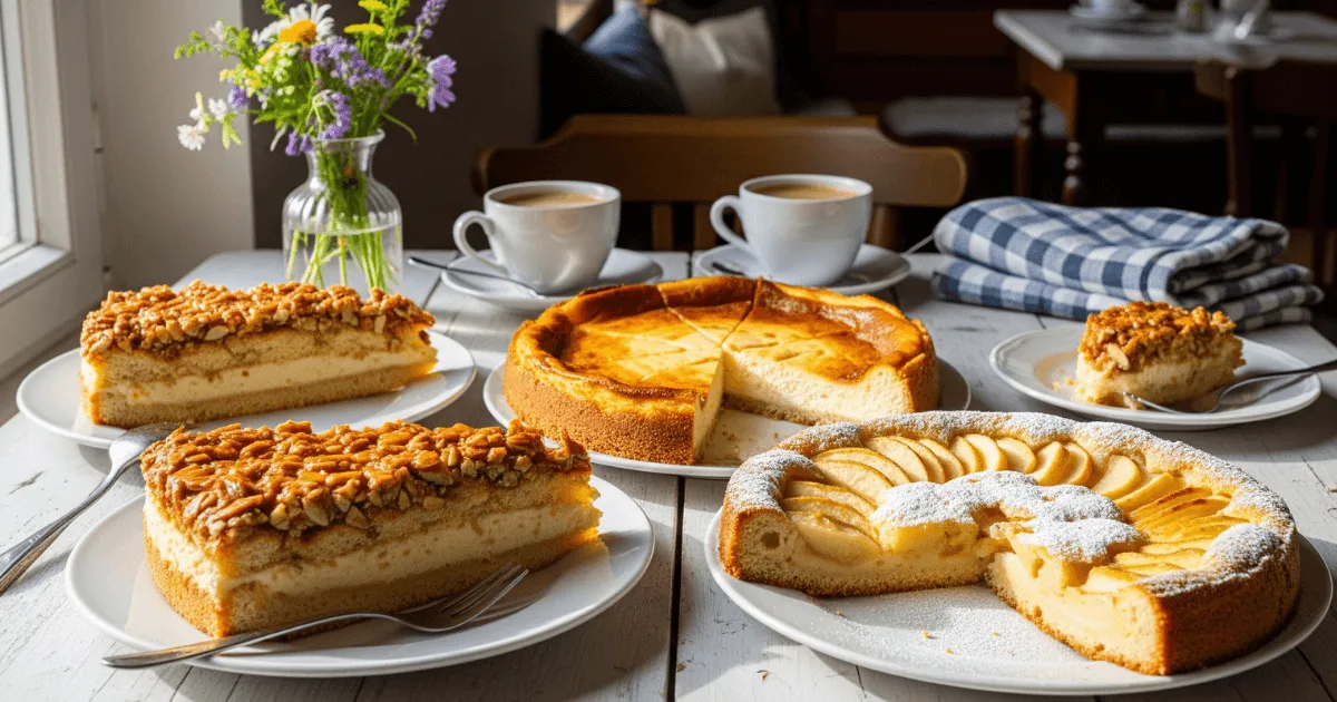 A cozy German café table featuring three classic cakes—Bienenstich with almond topping, Käsekuchen with golden crust, and Apfelkuchen with sunken apple slices, styled in natural daylight.