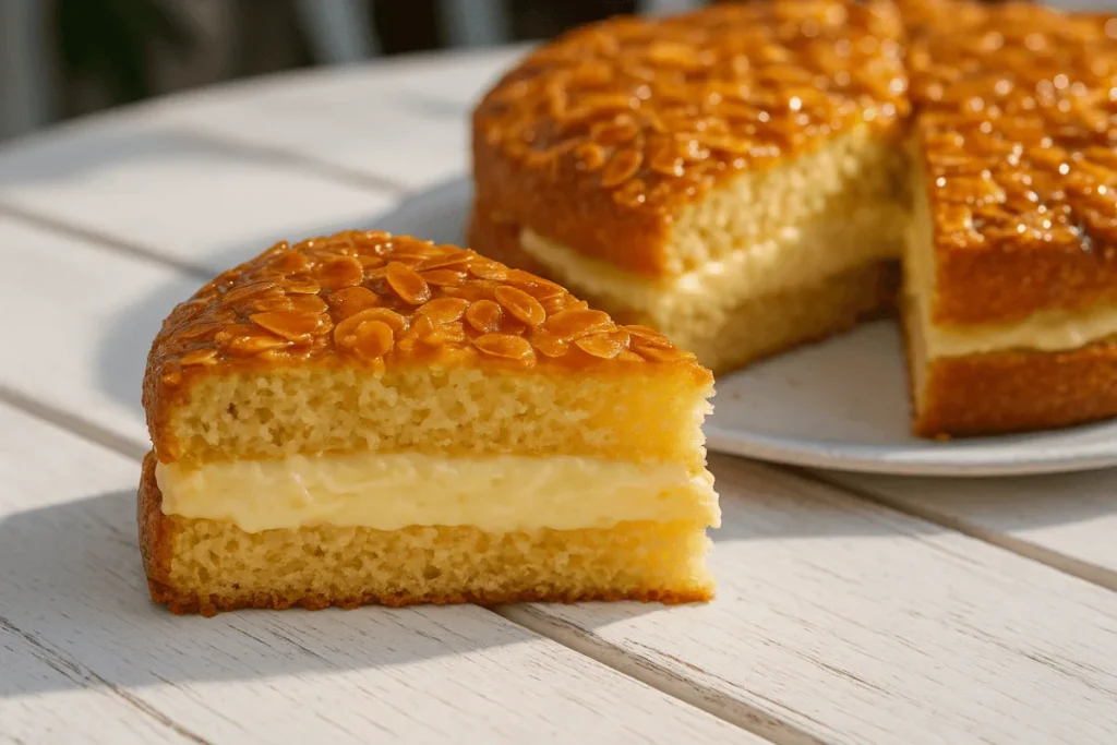 Traditional German Desserts Bienenstich cake with glossy almond topping and creamy filling, styled on a white wooden table in natural daylight.