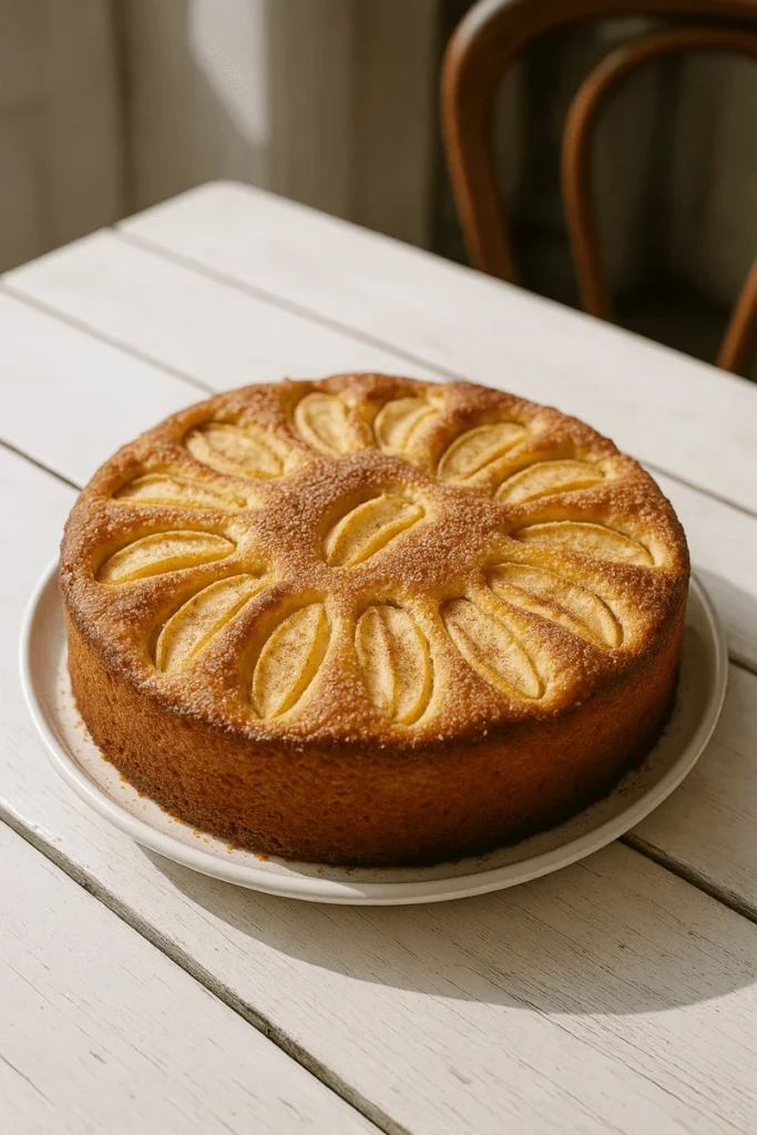 Traditional German Desserts apple cake with apple slices sunken into golden batter and dusted with cinnamon sugar, served on a white wooden table in natural daylight.