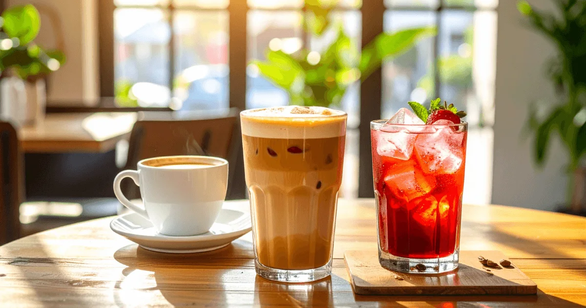 A selection of Starbucks low-calorie drinks including an iced shaken espresso, hot Americano, and iced refresher on a wooden café table.