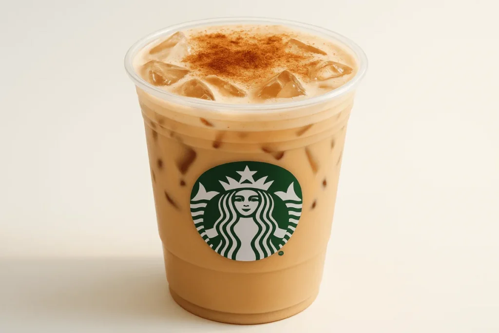 A Starbucks iced shaken espresso with almond milk and cinnamon, served in a clear cup with ice.