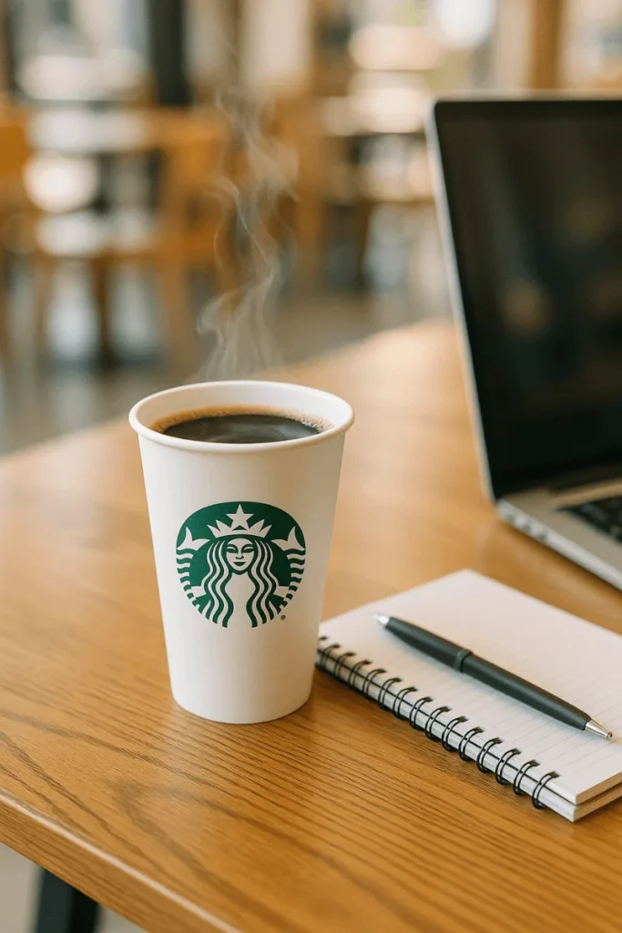 A steaming Low calorie Starbucks drinks hot Americano in a white cup on a café table with work accessories.