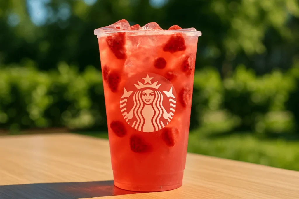A Low calorie Starbucks drinks Strawberry Açaí Refresher with ice and fruit pieces in a clear cup, photographed outdoors on a sunny day.