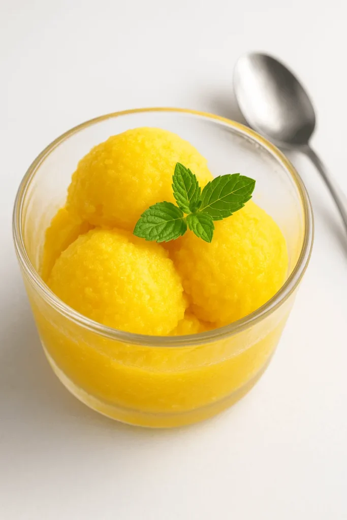 A bowl of homemade Mango Desserts sorbet topped with mint, looking refreshing and vibrant on a summer day.