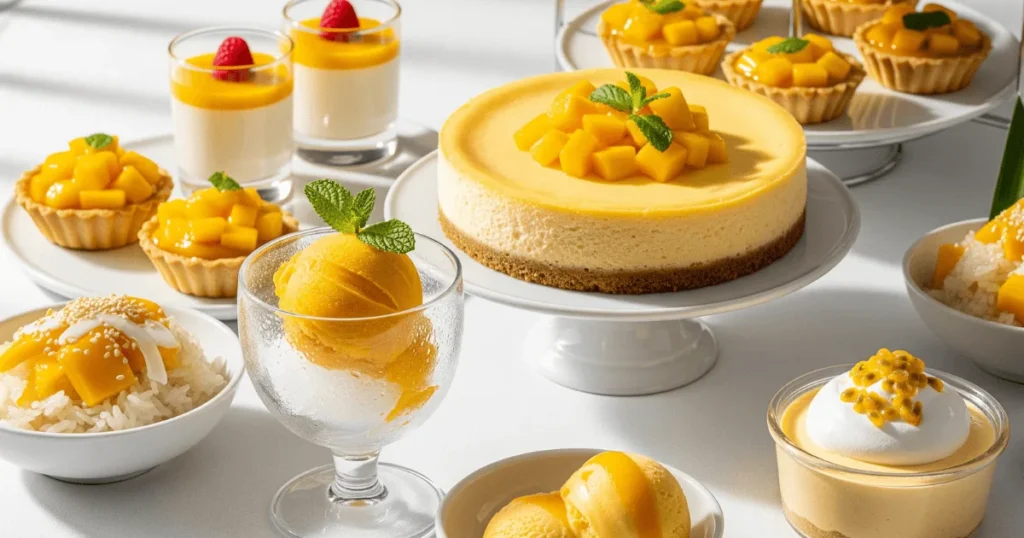 A tropical-themed dessert table with multiple mango treats, including cheesecake, panna cotta, sorbet, and ice cream, displayed in a fresh, summery setting.