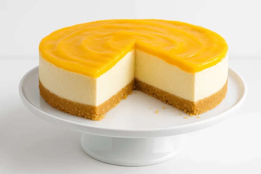A creamy Mango Desserts cheesecake with a graham cracker crust and glossy mango topping on a white cake stand.