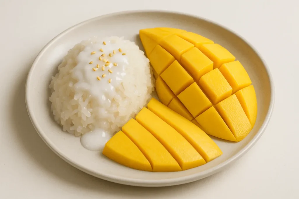 A plate of sticky rice topped with coconut sauce and fresh mango slices, styled with sesame seeds.