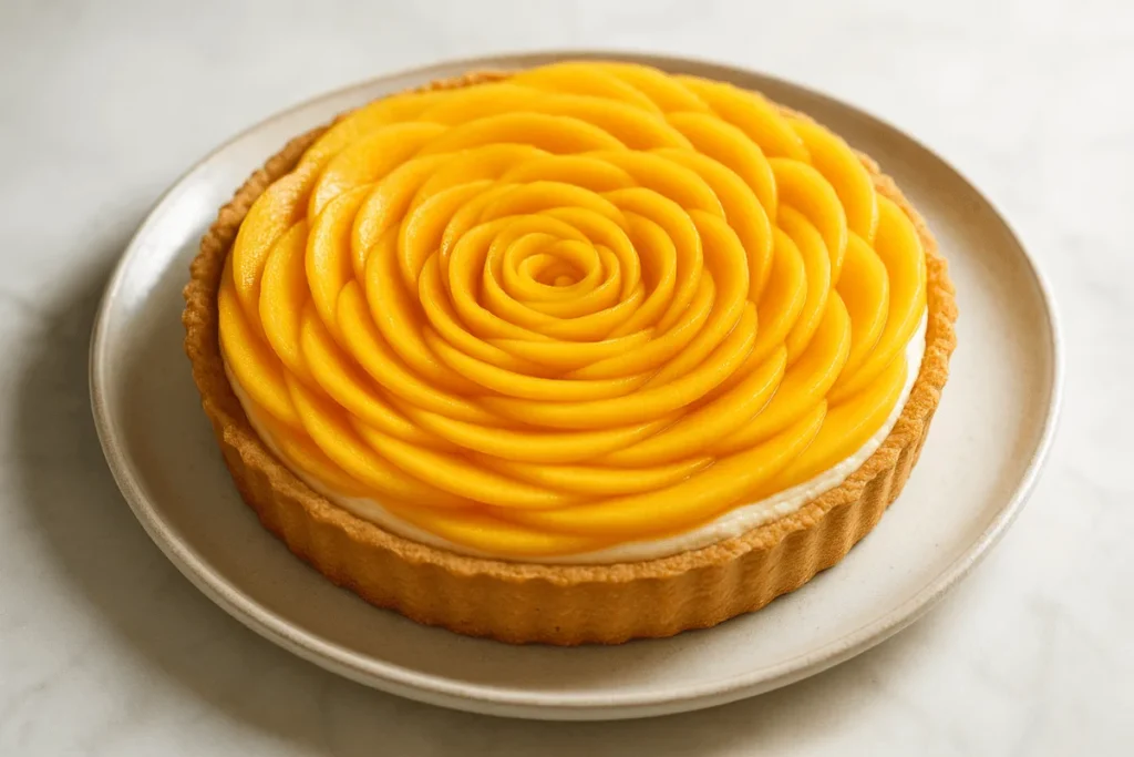 A no-bake Mango Desserts tart topped with cream cheese filling and mango slices arranged in a rose shape.