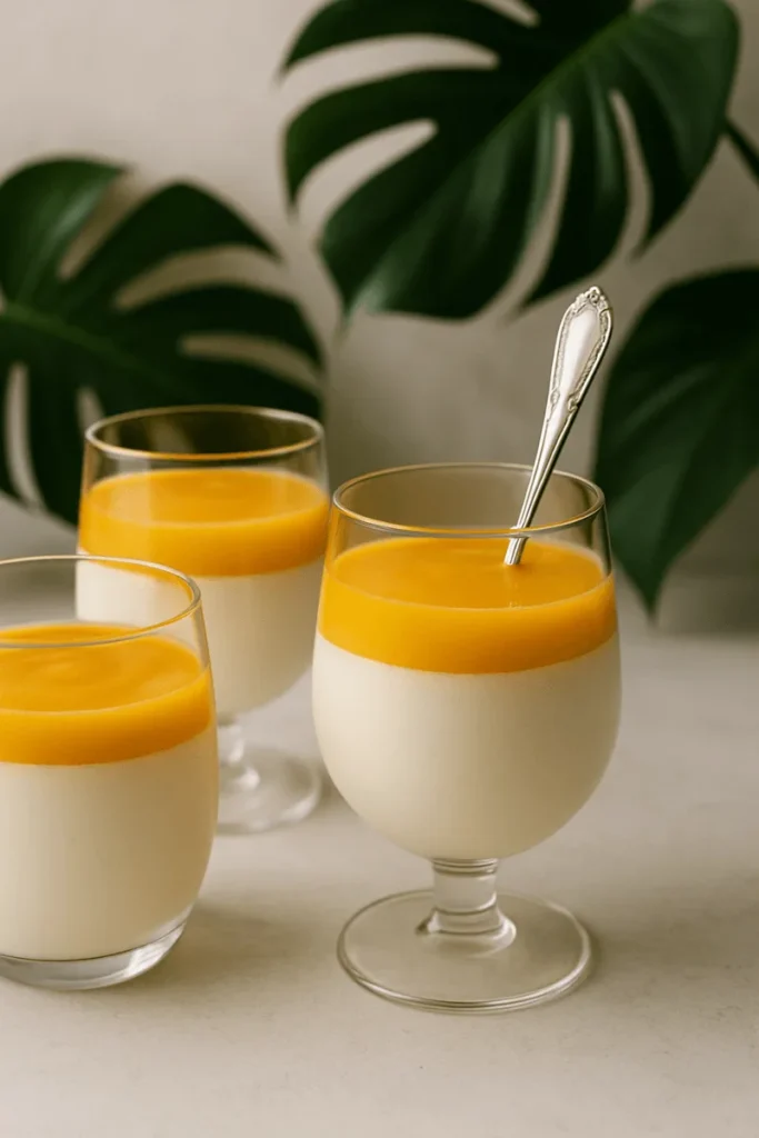 Glass cups of panna cotta with creamy layers and mango puree topping, styled elegantly for dessert.