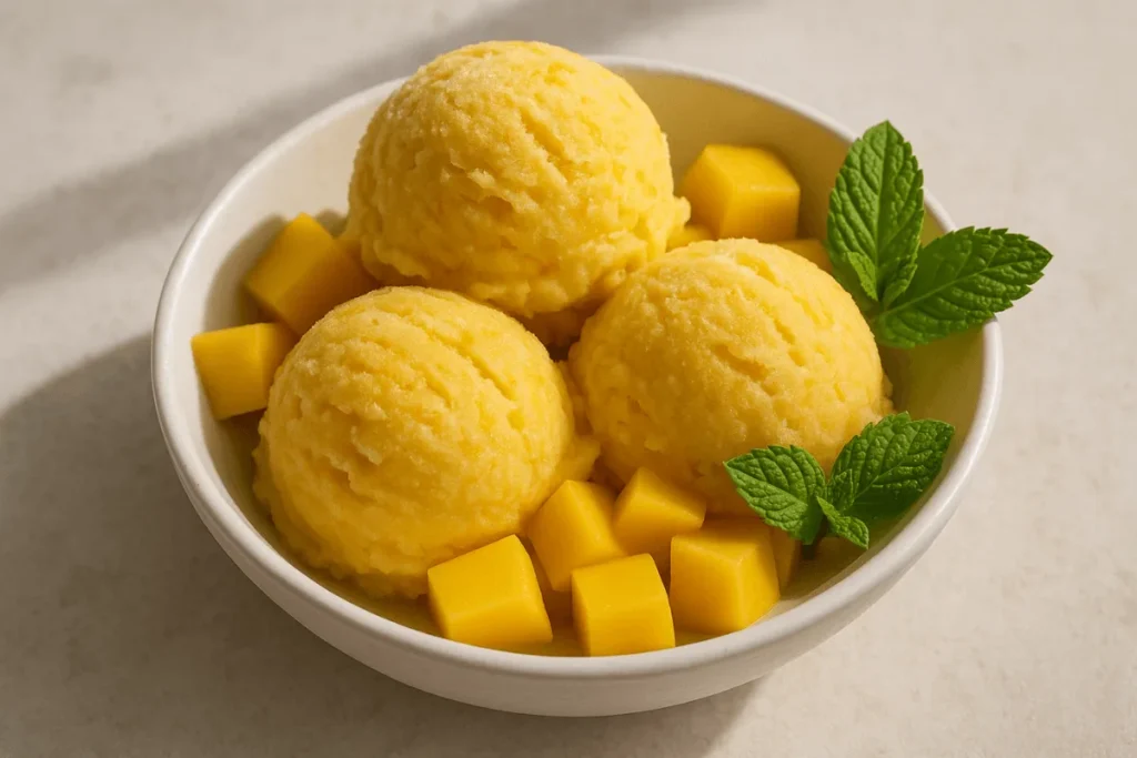 A bowl of homemade mango ice cream with fresh mango chunks and mint garnish.