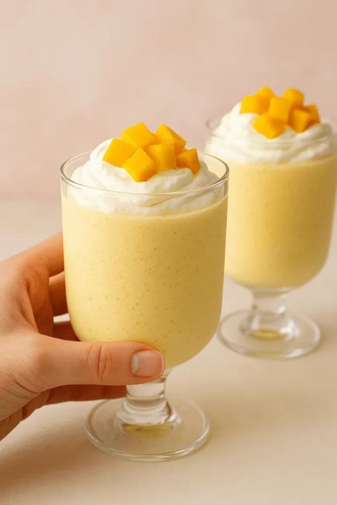 Glasses of airy mango mousse topped with whipped cream and mango cubes.