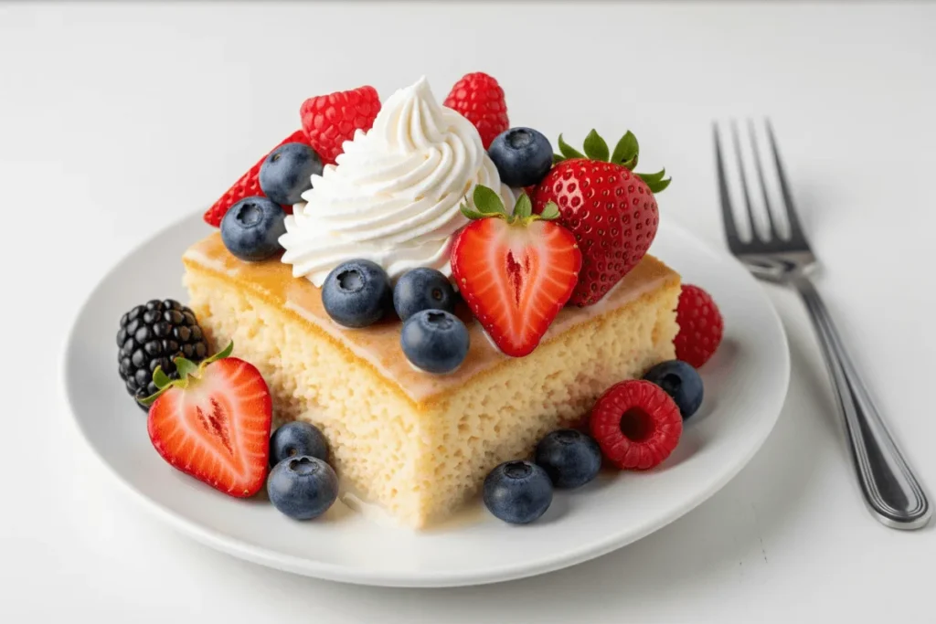 A slice of tres leches cake topped with whipped cream and berries on a white plate, ready to serve.