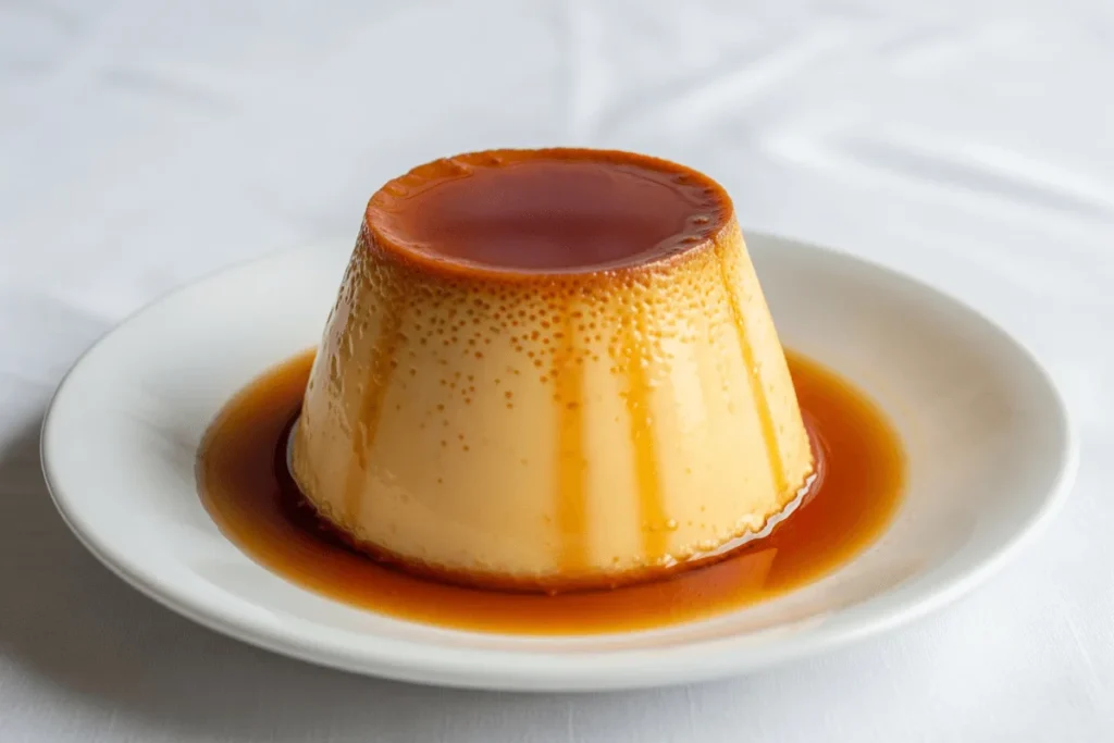 A smooth Mexican flan topped with rich caramel sauce on a white plate.