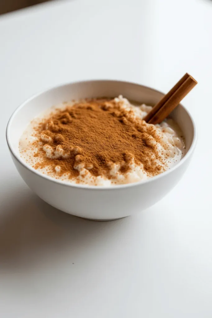 A bowl of arroz con leche sprinkled with cinnamon and garnished with a cinnamon stick.