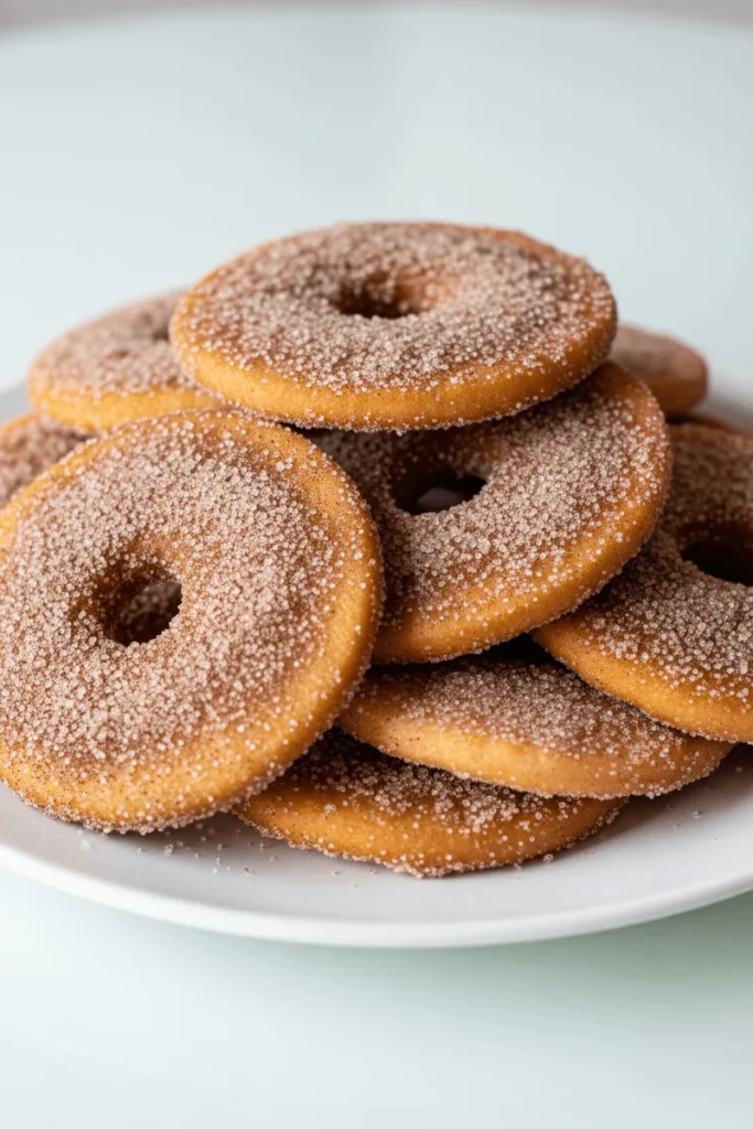 Crispy Mexican buñuelos stacked on a plate and coated in cinnamon sugar.