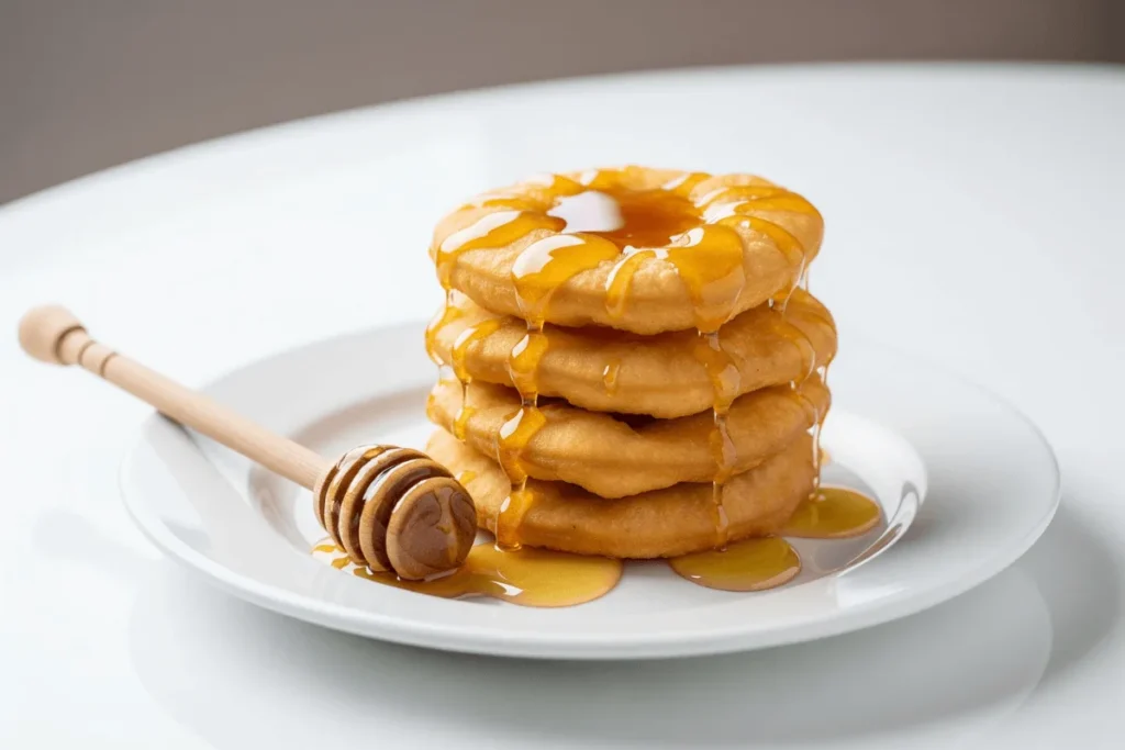 Puffy Mexican sopapillas topped with honey on a white plate