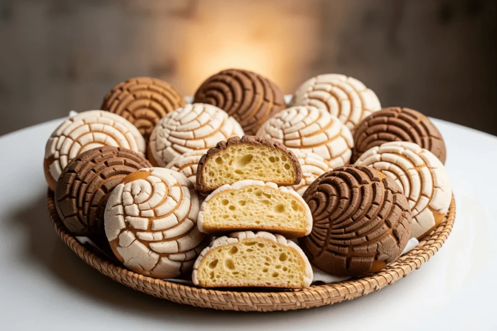 Mexican conchas sweet bread with colorful shell-patterned topping.