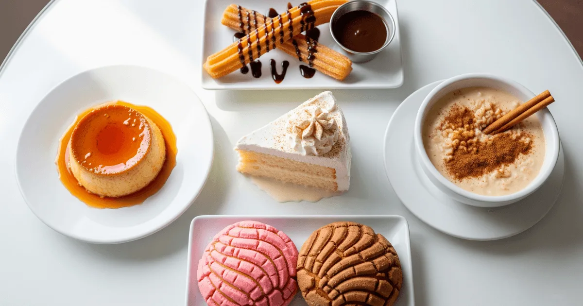 A variety of traditional Mexican desserts including tres leches cake, flan, churros, and conchas displayed together on a white table.
