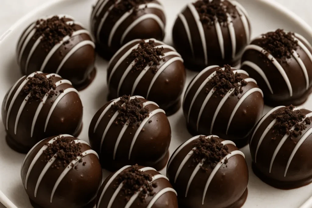 Chocolate-covered Oreo truffles topped with cookie crumbs on a serving plate.