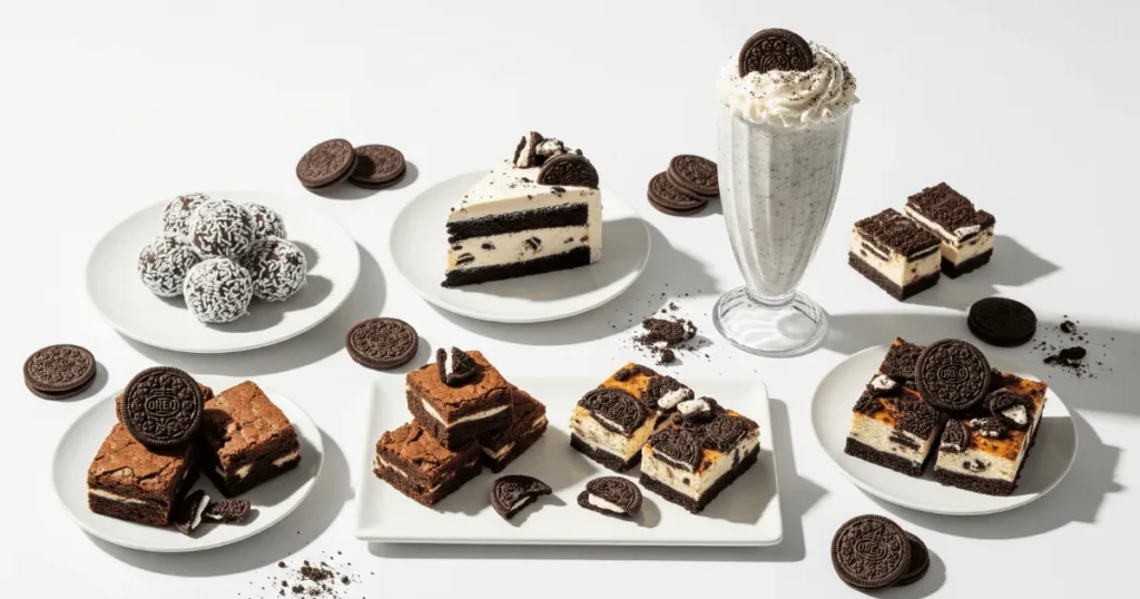 A collection of Oreo desserts including truffles, brownies, cheesecake bars, and a milkshake arranged together.