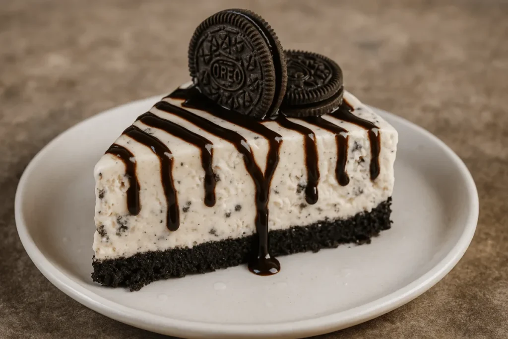 A slice of no-churn Oreo ice cream cake with layers of crust, vanilla ice cream, and chocolate syrup.